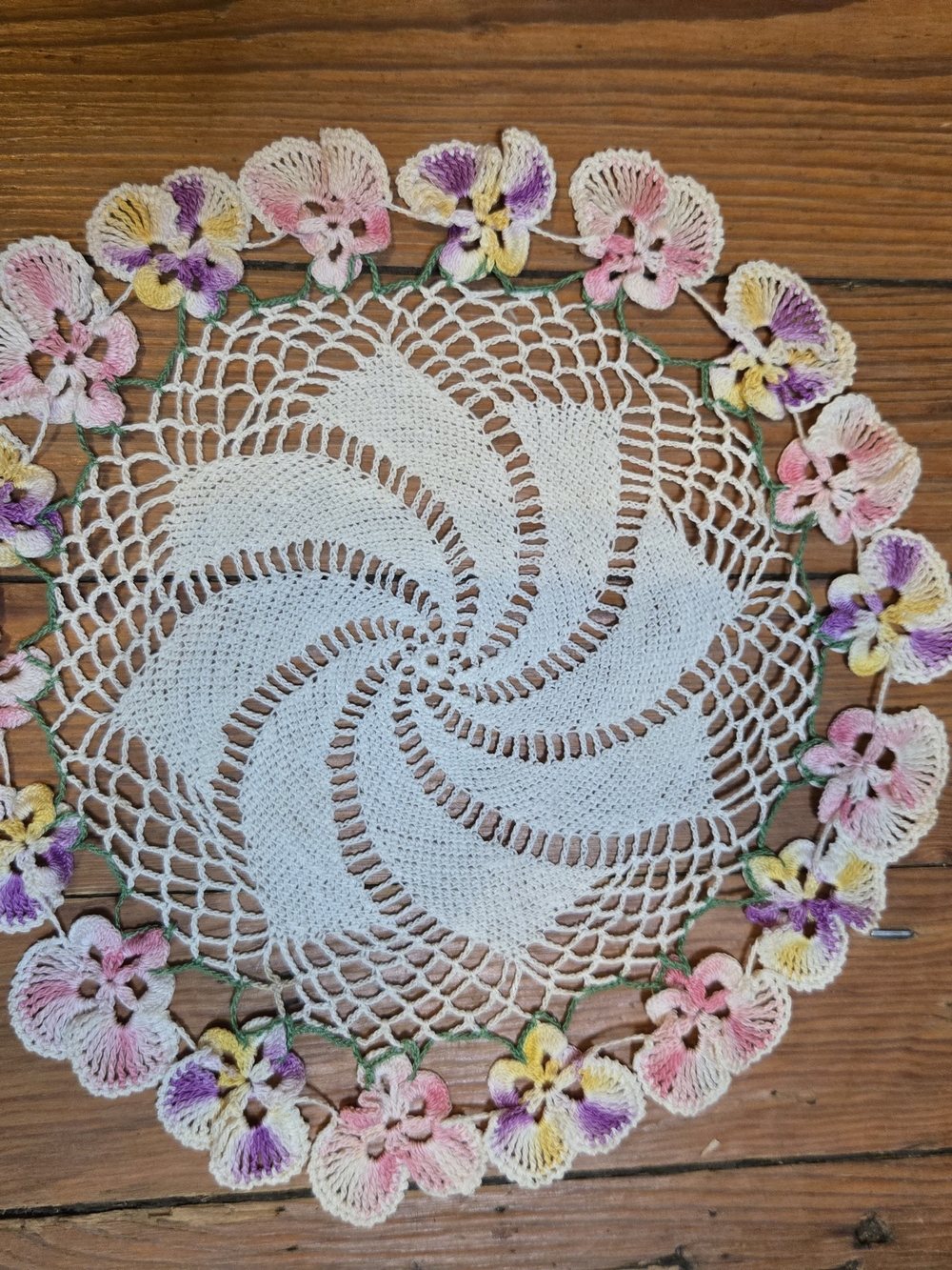 Handmade White Crochet Doily with Pink, Yellow & Purple‎ Floral Edge